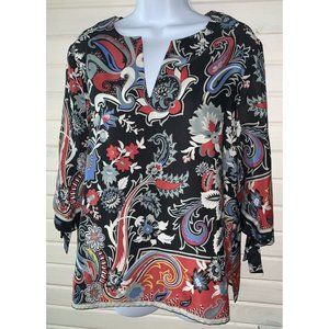 Catherine Malandrino Sz LARGE Floral Scarf Print Boho 3/4 Tie Sleeve Tunic EUC